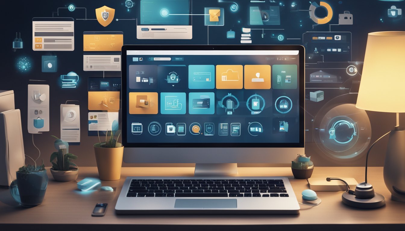 A person at home selects a VPN on their computer, surrounded by various devices and household items, emphasizing the need for online privacy and security