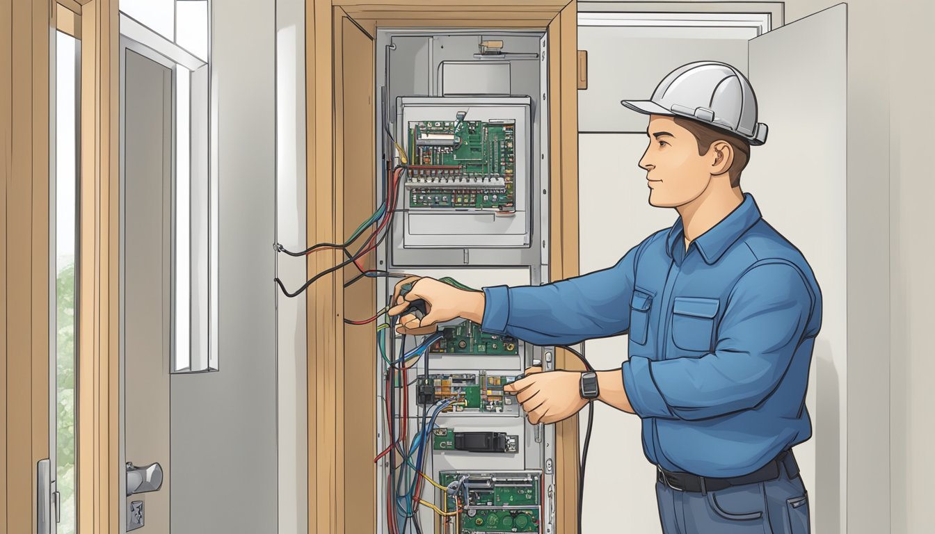 A technician mounts sensors and connects wires for a home alarm system